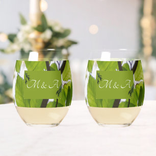 Green Leaves Wedding Stemless Wine Glass
