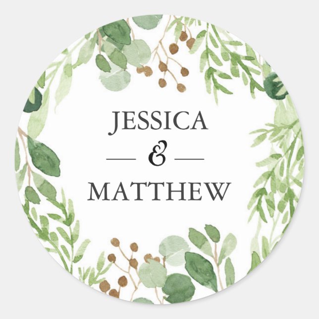 Green leaves wedding Thank you stickers (Front)