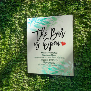 Green Leaves Wedding The Bar is Open Drink Menu Poster