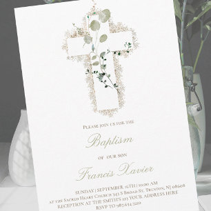 green leaves white cross Baptism Invitation