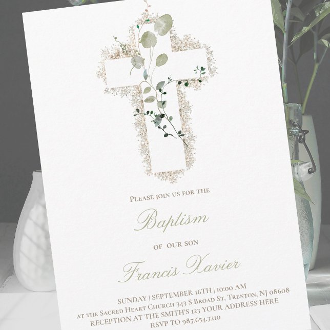 green leaves white cross Baptism  Invitation (Creator Uploaded)