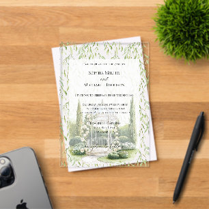 Green Leaves White Floral Love Wedding Acrylic Invitations