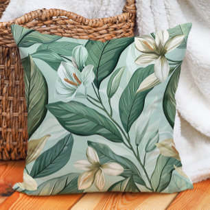 Green Leaves White Lilys Botanical Floral Greenery Cushion