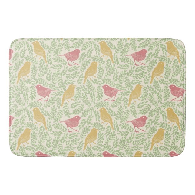 Green Leaves with Red and Gold Bird Pattern Bath Mat (Front)