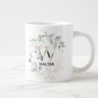 Green Leaves Wreath Monogram Initial W Letter Large Coffee Mug