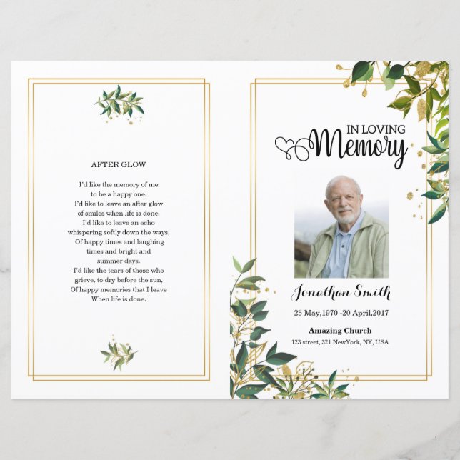 Green leef Funeral Program template (Front)