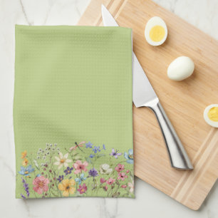 Green lemon wildflower dragonfly and butterfly  tea towel