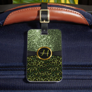 Green Leopard Animal Skin and Glitter - Monogram Luggage Tag