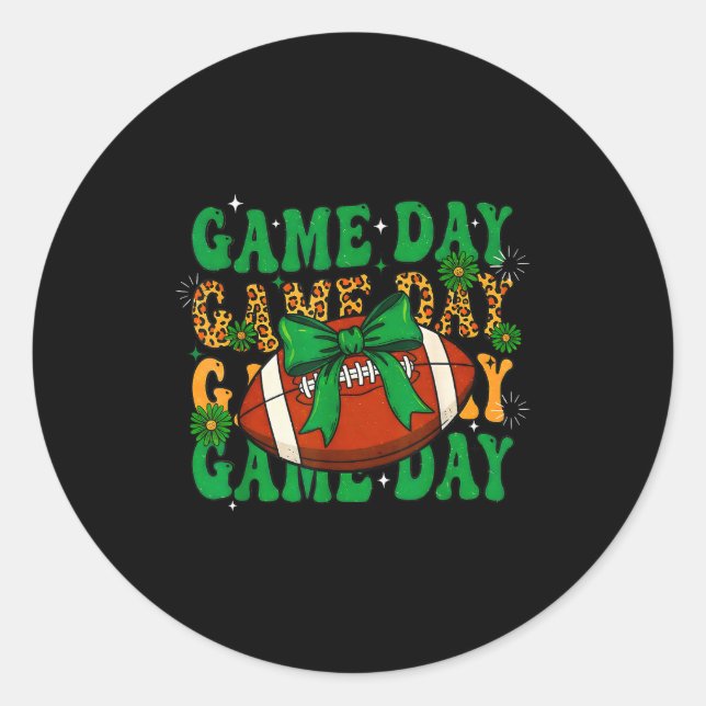 Green Leopard Game Day Football Bow Touchdown Seas Classic Round Sticker (Front)