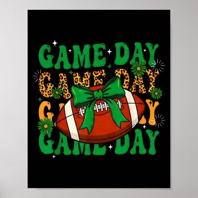 Green Leopard Game Day Football Bow Touchdown Seas Poster (Front)