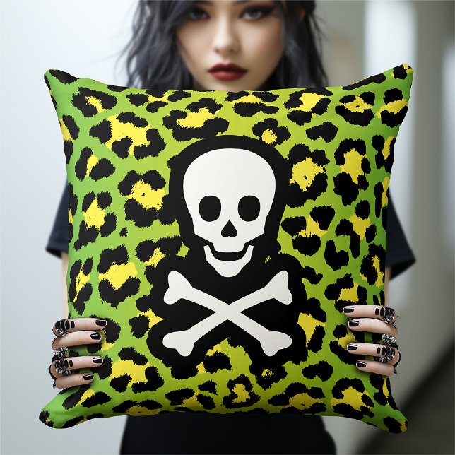 Green Leopard Print Jolly Roger Pirate Edgy Punk Cushion (Creator Uploaded)