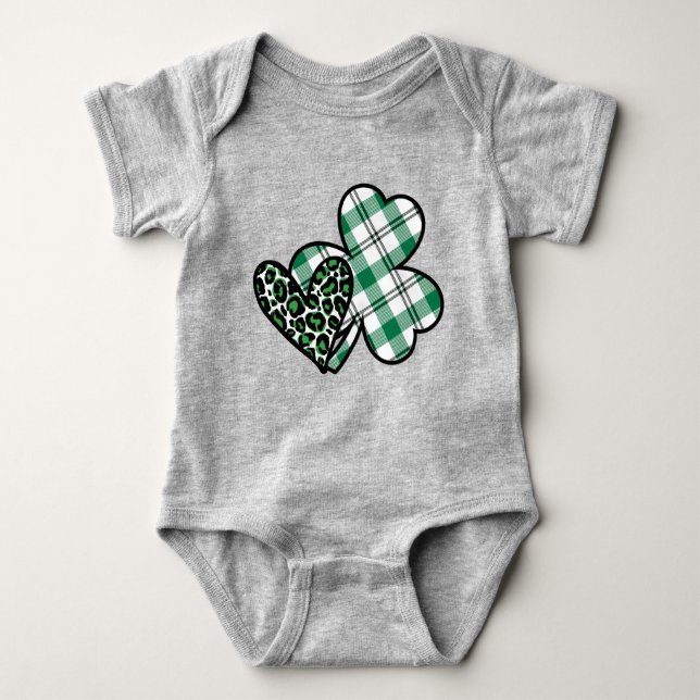 Green Leopard Print Love Shamrock Buffalo Plaid Baby Bodysuit (Front)