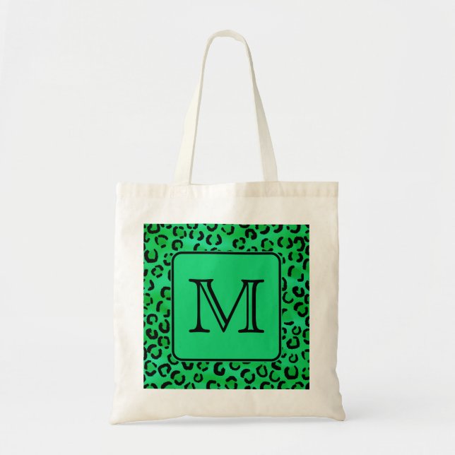 Green Leopard Print with Custom Monogram. Tote Bag (Front)