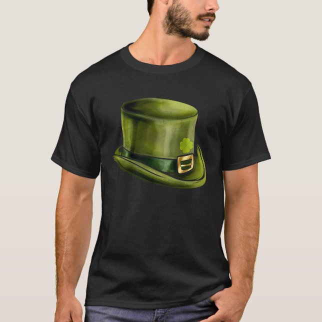 Green Leprechauns Hat Cylinder Shamrock On St Patr T-Shirt (Front)