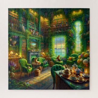 Green Library Cat Coastal View Jigsaw Puzzle