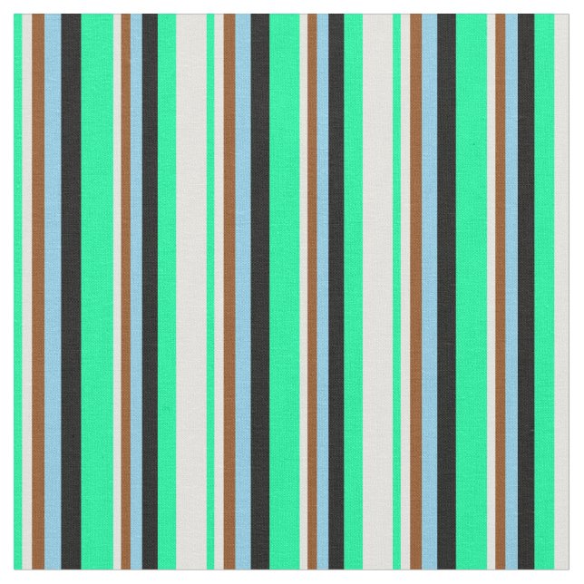 Green, Light Cyan, Brown, Sky Blue & Black Lines Fabric (Close Up)