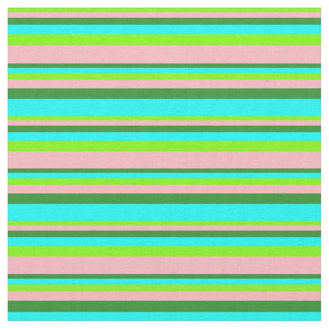 Green, Light Pink, Forest Green, and Aqua Lines Fabric (Close Up)