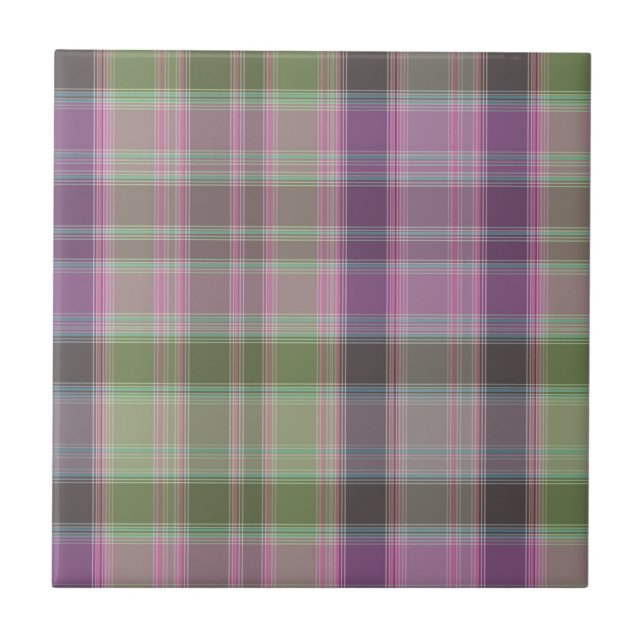 Green, lilac classic tartan ceramic tile (Front)