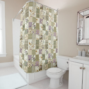 Green Lilac Patchwork Quilt Rustic Floral Retro  Shower Curtain
