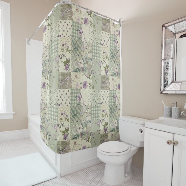  Green Lilac Patchwork Quilt Rustic Floral Retro  Shower Curtain (In Situ)