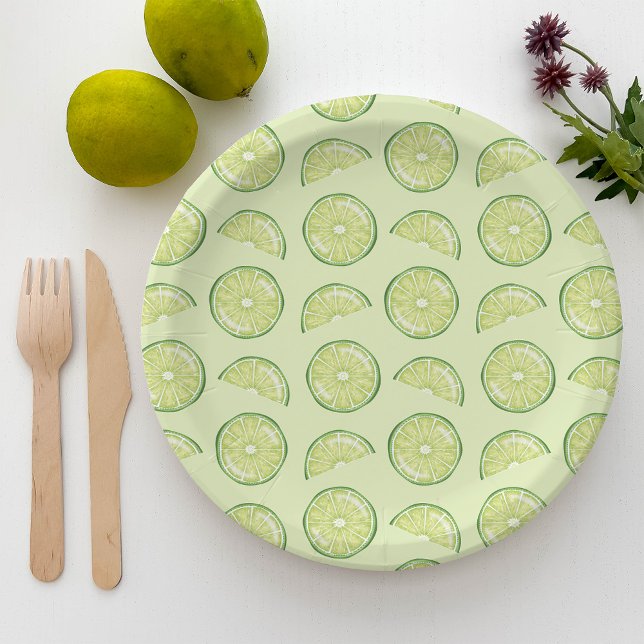 Green Lime Citrus Fruit Slices Illustrated Pattern Paper Plate (Creator Uploaded)