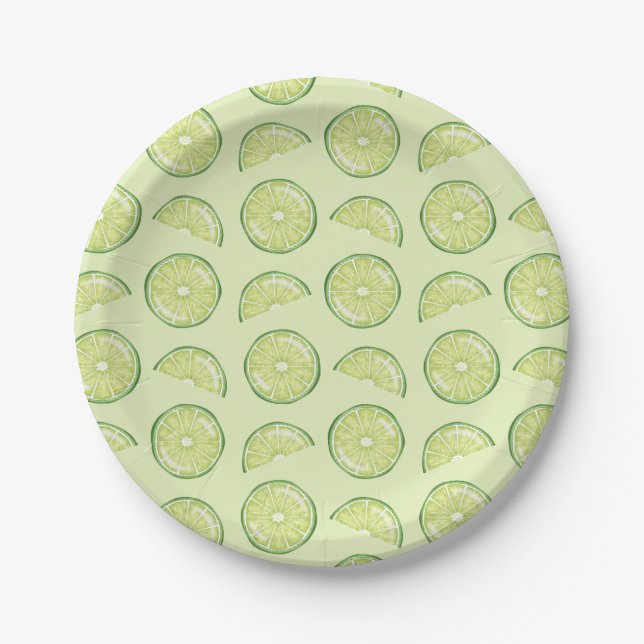 Green Lime Citrus Fruit Slices Illustrated Pattern Paper Plate (Front)
