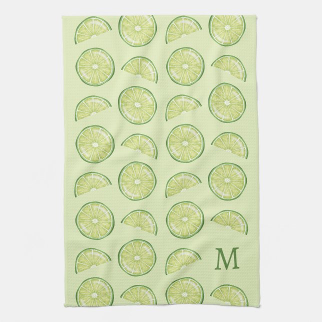 Green Lime Citrus Fruits With Custom Monogram Tea Towel (Vertical)