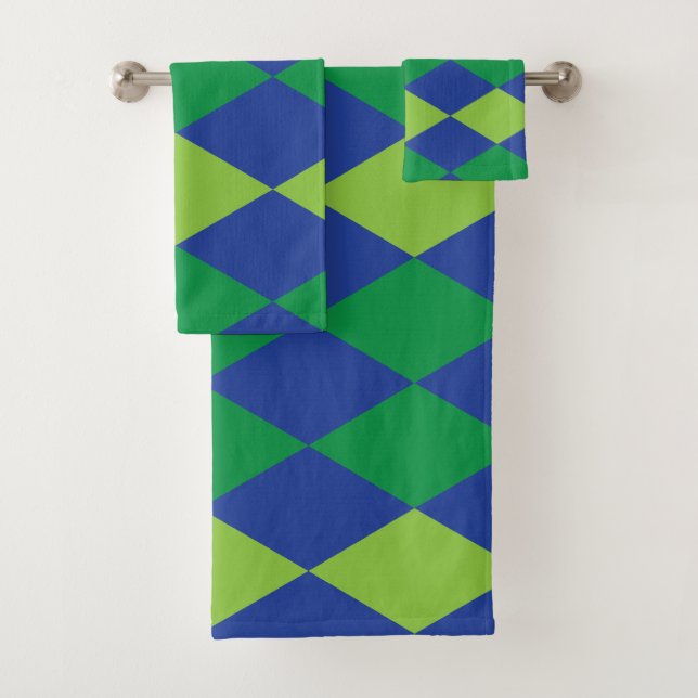 Green Lime Green Diamond Chequered Pattern Bath Towel Set (Insitu)
