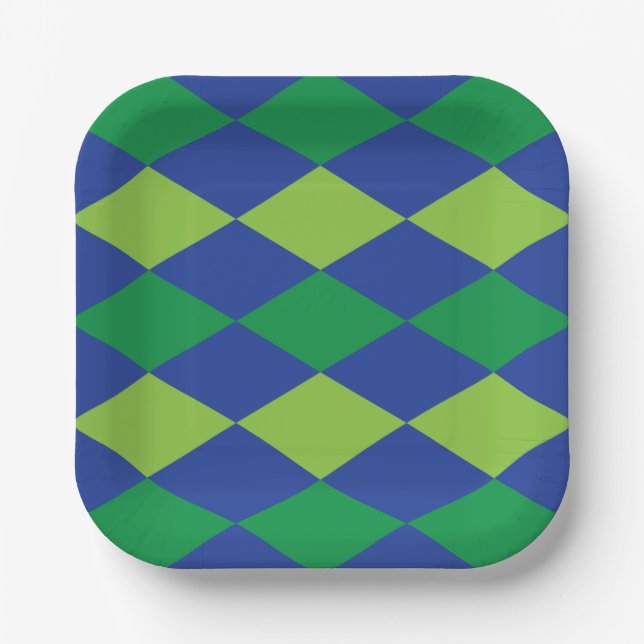 Green Lime Green Diamond Chequered Pattern Paper Plate (Front)