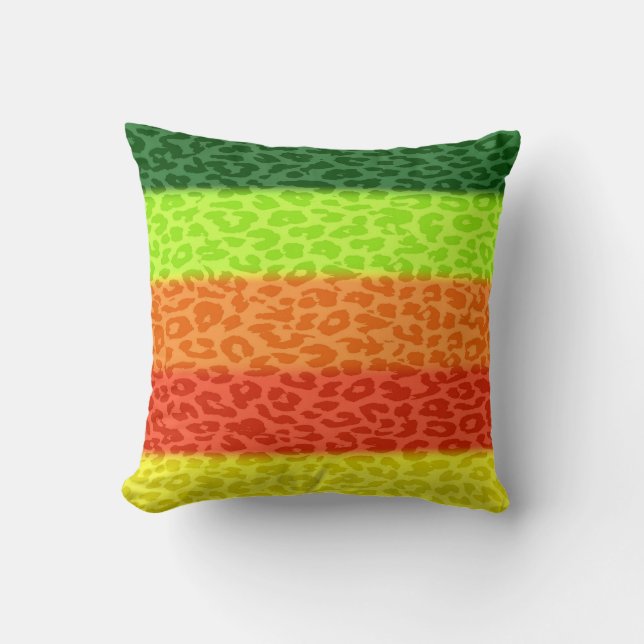 Green Lime Orange Red Yellow Leopard Retro Stripes Cushion (Front)