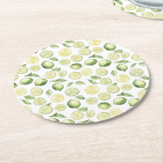 Green Limes Leaves Fruit Round Paper Coaster (Angled)