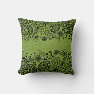 Green Linen & Black Paisley Lace Cushion