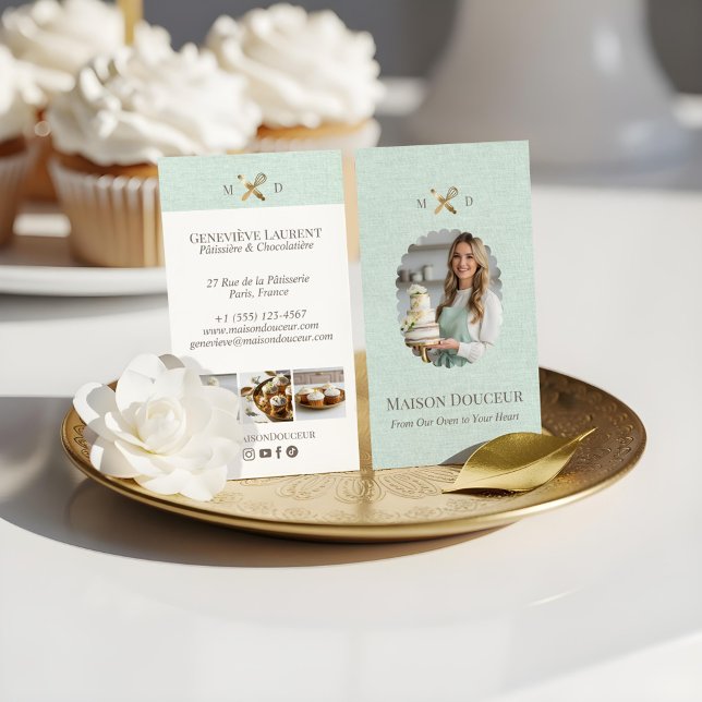 Green Linen Elegant Chic Bakery Gold Whisk Photo  Business Card (Green Linen Elegant Chic Bakery Gold Whisk Photo Business Card)