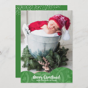 Green Linen Filigree Photo Christmas Holiday Card