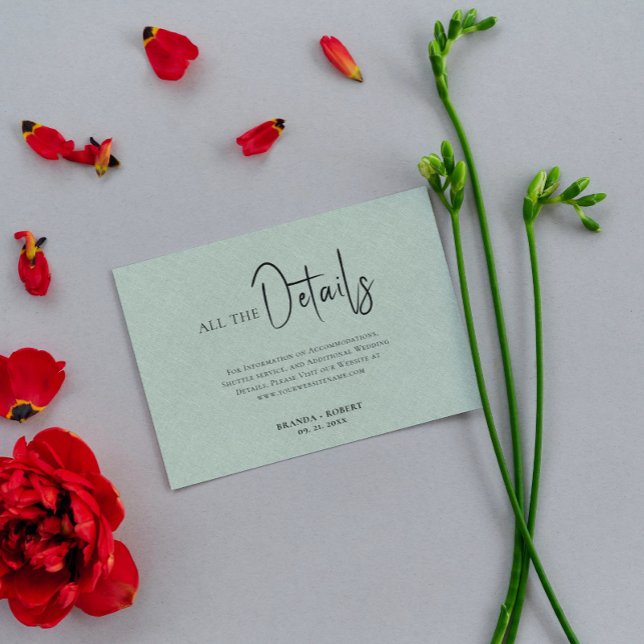 Green Linen Simple Black Script Wedding Details Invitation (Creator Uploaded)