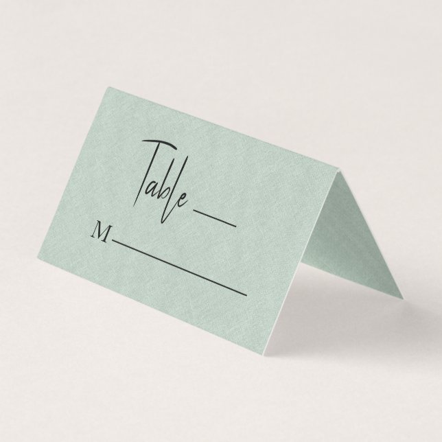 Green Linen Simple Black Script Wedding Place Card (Front)