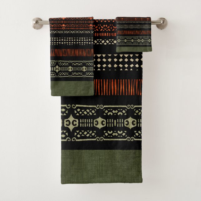Green Linen Tribal Pattern  Bath Towel Set (Insitu)