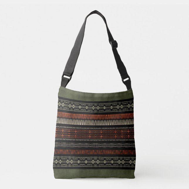 Green Linen Tribal Pattern  Crossbody Bag (Front)