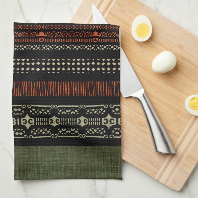 Green Linen Tribal Pattern Tea Towel (Quarter Fold)