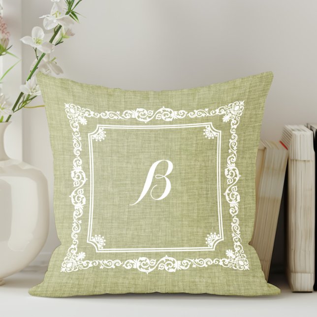 Green Linen White Frame Monorgam Cushion (Creator Uploaded)