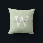 Green Linen White Monogram Wedding Keepsake Cushion<br><div class="desc">Elegant wedding keepsake green woven linen effect pillow with your text in dark grey chic handwritten script calligraphy. Simply add your names, monogram and wedding date. Great gift for a newlywed couple. Exclusively designed for you by Happy Dolphin Studio. If you need any help or matching products, please contact us...</div>