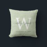 Green Linen White Monogram Wedding Keepsake Cushion<br><div class="desc">Elegant wedding keepsake green woven linen effect pillow with your text in dark grey chic handwritten script calligraphy. Simply add your names, monogram and wedding date. Great gift for a newlywed couple. Exclusively designed for you by Happy Dolphin Studio. If you need any help or matching products, please contact us...</div>