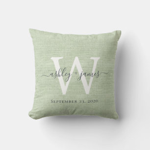 Green Linen White Monogram Wedding Keepsake Cushion