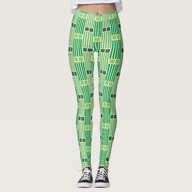Green Lines and Boxes  Leggings (Front)