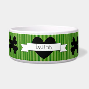 Green Lines with Black Heart Dog Food Bowl HAMbWG