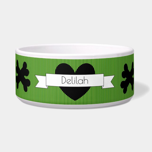 Green Lines with Black Heart Dog Food Bowl HAMbWG (Front)