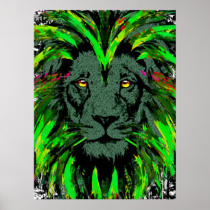 Green Lion Head Poster - Lion Face Portrait Poster