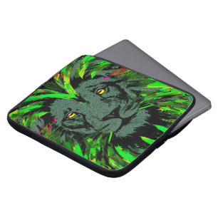Green Lion Laptop Case - Lion Portrait Drawing 