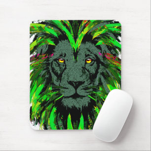 Green Lion Mousepad - Lion Face Portrait Drawing