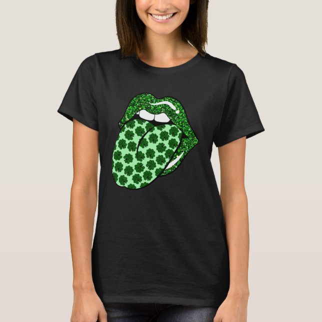 Green Lips Mouth Shamrock Tongue Out Saint Patrick T-Shirt (Front)